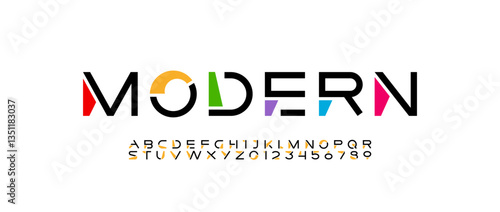 Font digital cyber alphabet, cyberpunk letters A, B, C, D, E, F, G, H, I, J, K, L, M, N, O, P, Q, R, S, T, U, V, W, X, Y, Z and futuristic numerals 0, 1, 2, 3, 4, 5, 6, 7, 8, 9, vector illustration