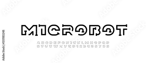 Font digital cyber alphabet, trendy black letters A, B, C, D, E, F, G, H, I, J, K, L, M, N, O, P, Q, R, S, T, U, V, W, X, Y, Z and numerals 0, 1, 2, 3, 4, 5, 6, 7, 8, 9, vector illustration 10EPS