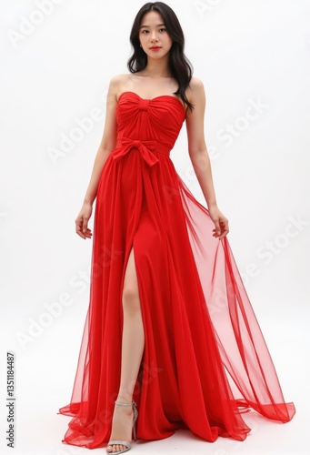 Wallpaper Mural A young woman strikes a seductive pose in a bold red dress featuring a dramatic oversized bow, her confident gaze directed at the camera, against a clean white background with soft lighting Torontodigital.ca