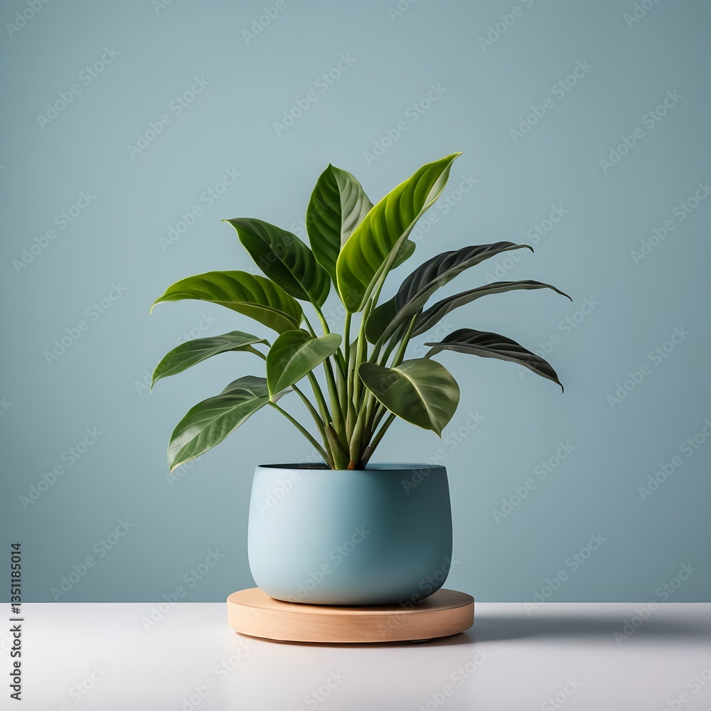 Philodendron Plant in Teal Pot on Wooden Stand Philodendron Plant in Teal Pot on Wooden Stand