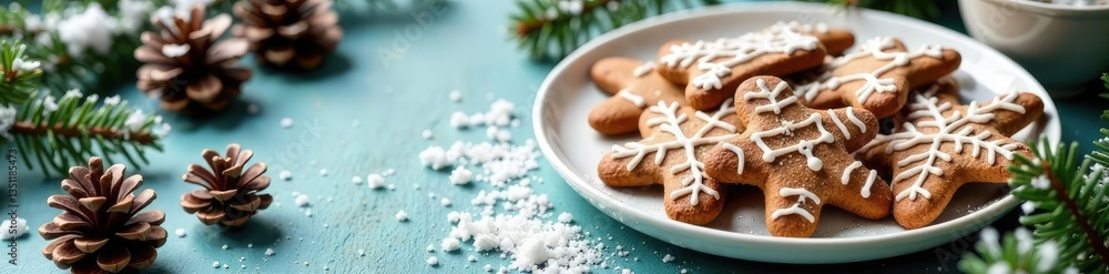 Snow-covered branches and pinecones surrounding a plate of gingerbread cookies, decoration, cookies, festive Snow-covered branches and pinecones surrounding a plate of gingerbread cookies, decoration, cookies, festive