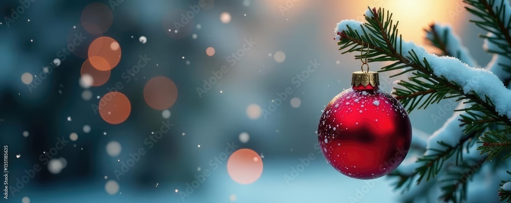 Snow-covered branch holds a warm red ornament, branch, holiday, festive Snow-covered branch holds a warm red ornament, branch, holiday, festive
