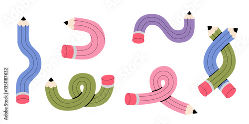 Pencils set vector illustration. Twisted flexible colorful simple pencil in different shapes like knot, check mark, bend one, doodles. Back to school, teachers day concept.