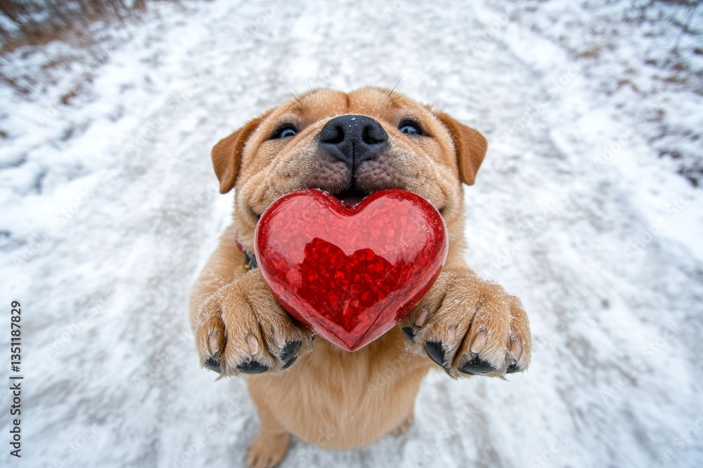 Cute chinese shar-pei hound with diamond red heart on a walk in a winter park. Chinese shar-pei - my preferred dog, symbol of friendship. Marketing domestic animal idea. Winter dog with heart. Cute chinese shar-pei hound with diamond red heart on a walk in a winter park. Chinese shar-pei - my preferred dog, symbol of friendship. Marketing domestic animal idea. Winter dog with heart.