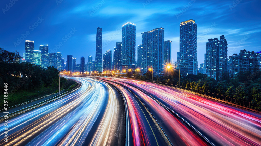 Urban Nightscape with Traffic Lights and City Skyline at Dusk Urban Nightscape with Traffic Lights and City Skyline at Dusk