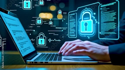 Cybersecurity concept with businessman typing on laptop, glowing padlocks and data protection icons, representing secure network and privacy in a modern digital environment.