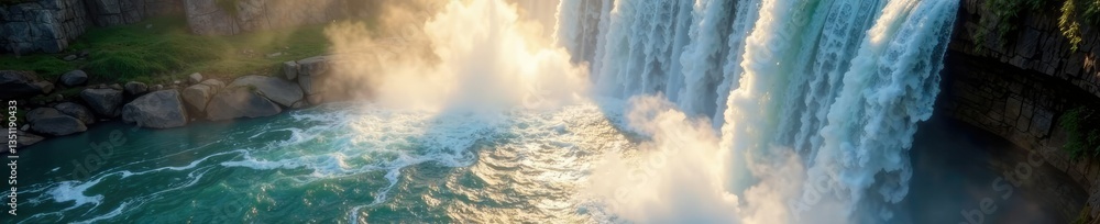 Water droplets sparkle in sunlight on the falls surface, shine, shimmering Water droplets sparkle in sunlight on the falls surface, shine, shimmering