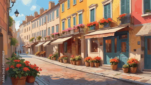 Old European street scene with a blue door and a red sign. The street is lined with potted plants and has awnings over the storefronts. Vector art illustration