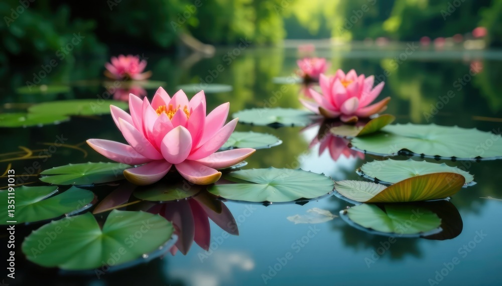 Water lilies float on the surface of a serene river, riverbank, summer Water lilies float on the surface of a serene river, riverbank, summer