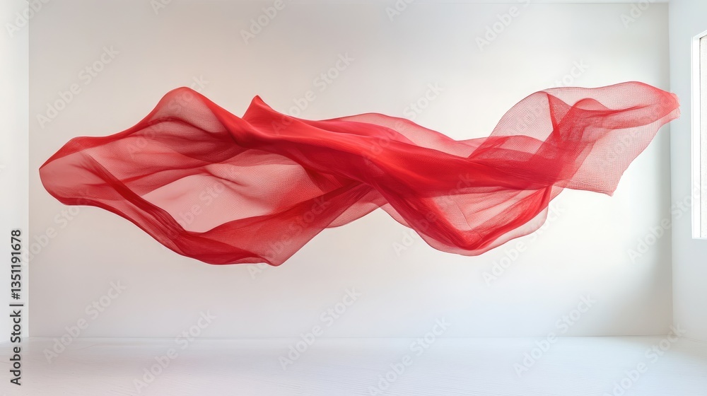 Flowing red fabric gracefully suspended in a minimalist white room, creating a dynamic and artistic visual effect Flowing red fabric gracefully suspended in a minimalist white room, creating a dynamic and artistic visual effect