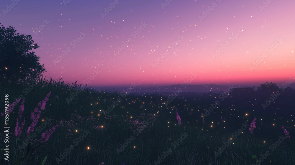 Fototapeta premium Magical twilight meadow with fireflies and starry sky.