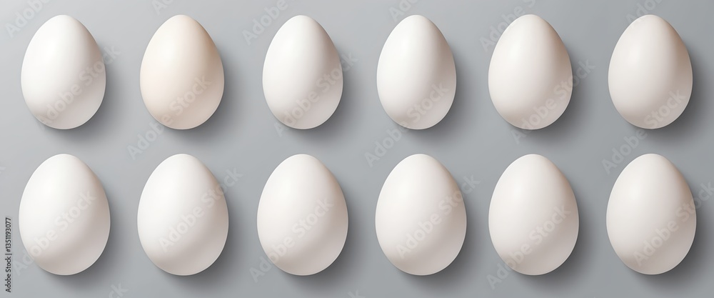 Twelve White Eggs Arranged on Grey Background Twelve White Eggs Arranged on Grey Background