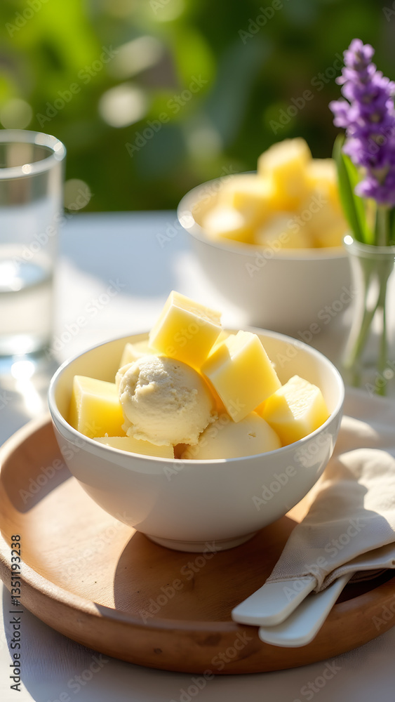 Coconut ice cream with pineapple, served on a wooden tray. A linen napkin, lavender, and sparkling water create a fresh and tropical summer dessert setting. The image should be sharp, vibrant, and det Coconut ice cream with pineapple, served on a wooden tray. A linen napkin, lavender, and sparkling water create a fresh and tropical summer dessert setting. The image should be sharp, vibrant, and det