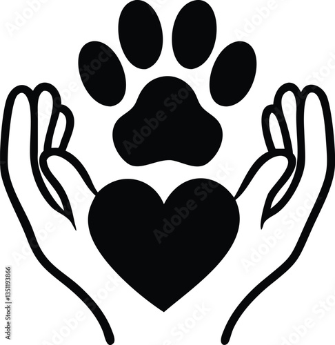Black Outline of Heart, Human Hands, and Paw Print Isolated on White Background