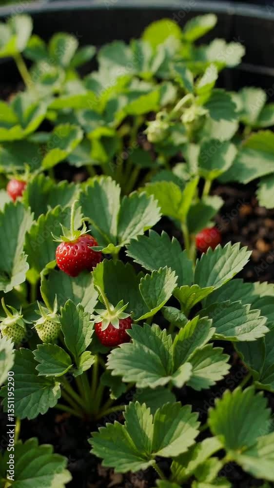 Strawberry growth timelapse: lush green leaves and ripening red berries in vibrant garden Strawberry growth timelapse: lush green leaves and ripening red berries in vibrant garden