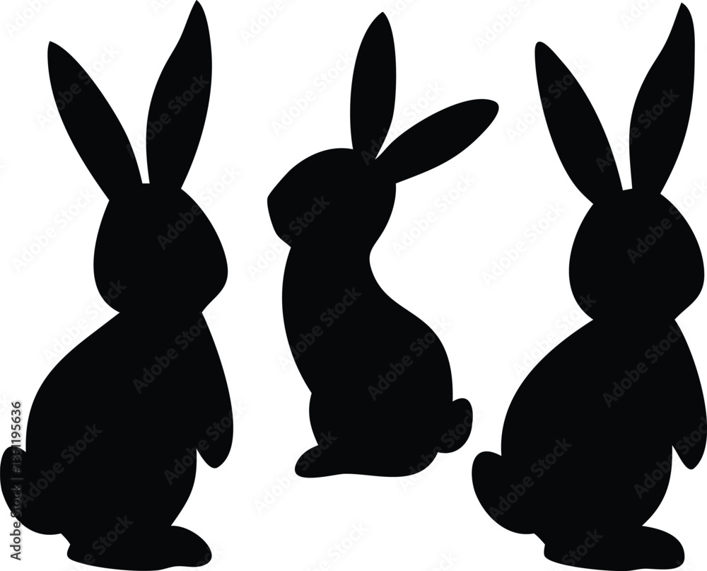 Black Silhouette of Three Easter Bunnies Isolated on White, Easter Animals, Rabbits Black Silhouette of Three Easter Bunnies Isolated on White, Easter Animals, Rabbits