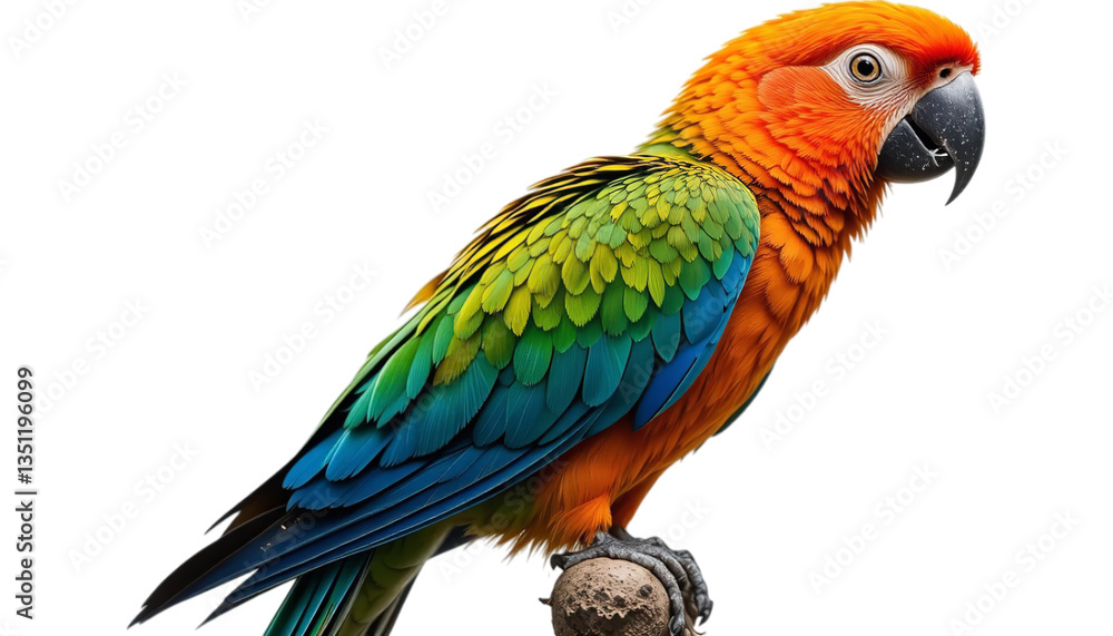 Fototapeta premium A vibrant macaw perched on a branch with a striking black background displaying colorful plumage detail