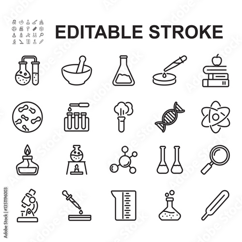 Collection of laboratory and science icons. Thin line vectors. Contains icons such as test tube, beaker, microscope and more.
