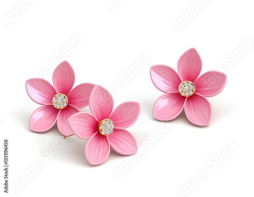 Pink Flower Earrings with Diamond Accents