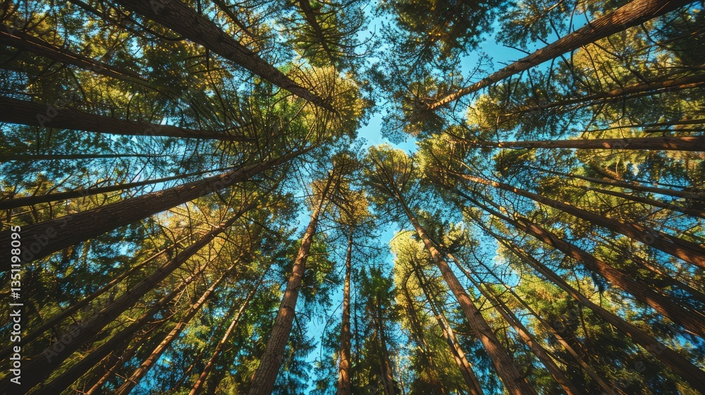 Obraz premium Looking Up at a Canopy of Tall Trees in a Forest