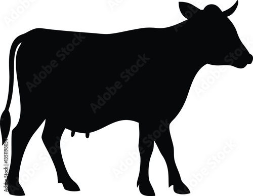 Cow Silhouette Standing, Farm Animal, Dairy Cattle, Livestock, Horned,Udder, Black
