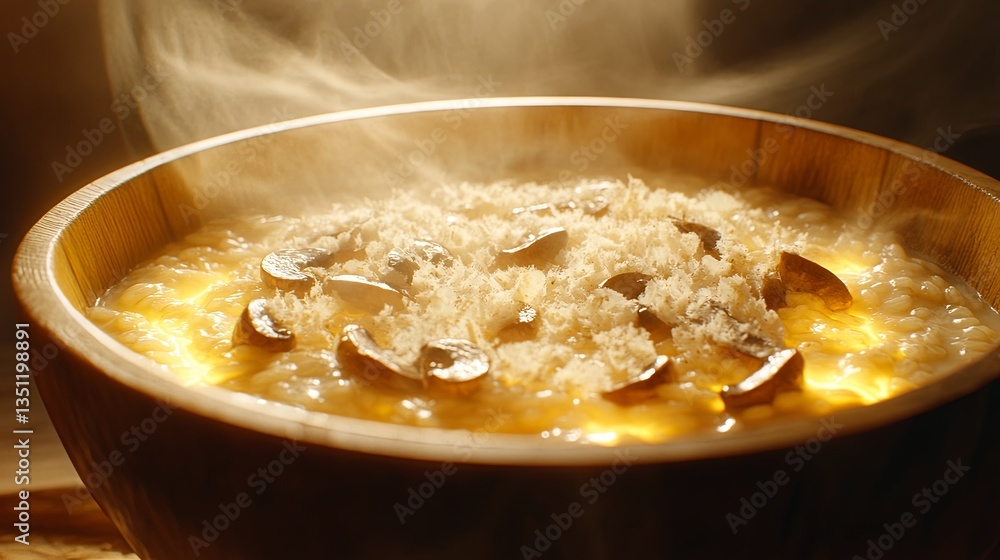 A glowing bowl of creamy risotto styled with fresh mushrooms and parmesan. background A glowing bowl of creamy risotto styled with fresh mushrooms and parmesan. background