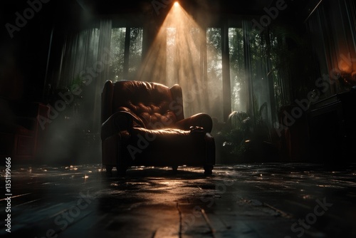 Dark, sunlit room with leather armchair