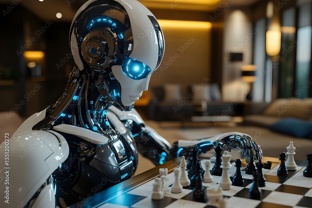 Fototapeta premium AI vs. Strategy: A Humanoid Robot Sitting at a Chessboard, Ready for a Game of Intelligence