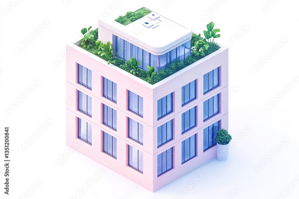 Stylized isometric 3D icon of a corporate office building with windows and greenery, minimal design, pastel colors, simple clean aesthetic Stylized isometric 3D icon of a corporate office building with windows and greenery, minimal design, pastel colors, simple clean aesthetic