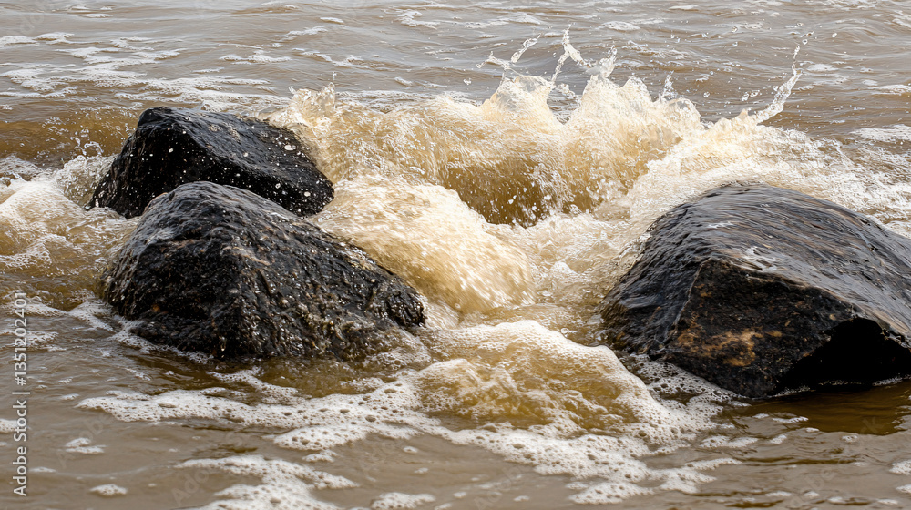 Obraz premium Two rocks emerging from the water surrounded by dynamic ocean waves creating a beautiful natural scene of fluid motion.
