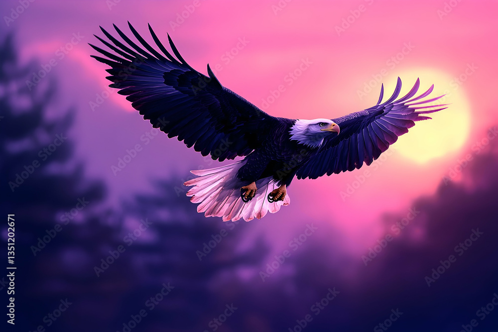 Fototapeta premium An eagle soars gracefully through an evening sky of color
