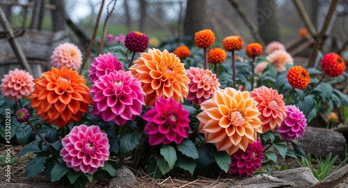 Wallpaper Mural Orange and magenta dahlias blooming in a rustic spring garden Torontodigital.ca