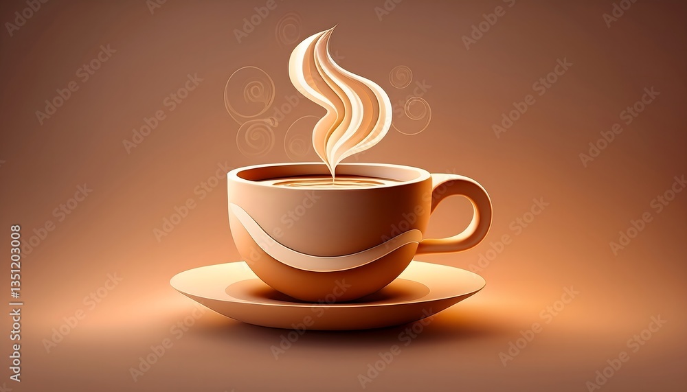 Obraz premium Сlose-up of a Steaming Coffee Cup Illustration, A Cup of Coffee Icon with Steam Rising from the Top, 3D Render Isolated on a Light Brown Pastel Background. Copy Space.