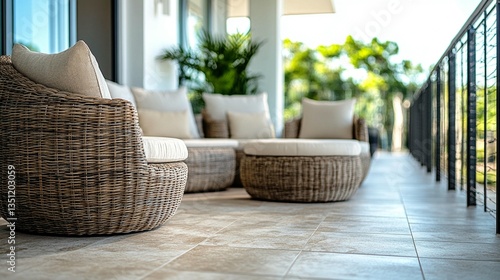 Modern wicker patio furniture on a sunlit balcony with beige cushions.