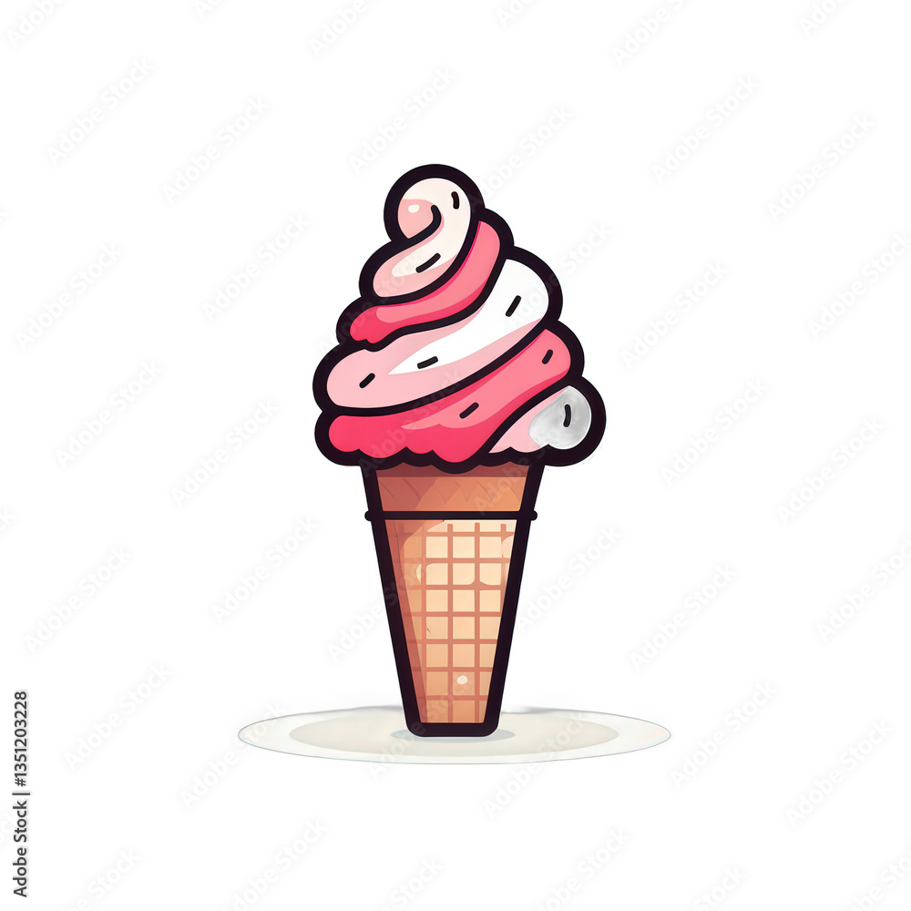 Whimsical cartoon ice cream cone with pink and white swirls, sitting on a surface against a white background isolated on white or transparent png Whimsical cartoon ice cream cone with pink and white swirls, sitting on a surface against a white background isolated on white or transparent png