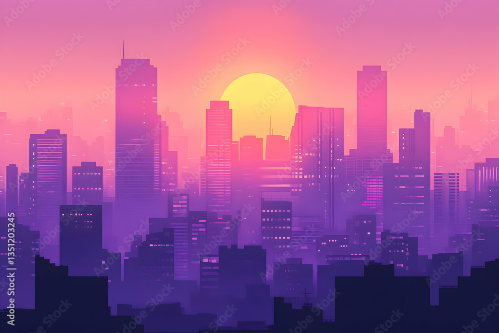 Naklejka premium A stylized city silhouette at sunset with vibrant colors