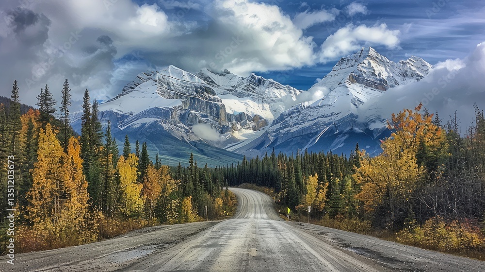 Mountain Road in Autumn with Snowy Peaks Mountain Road in Autumn with Snowy Peaks