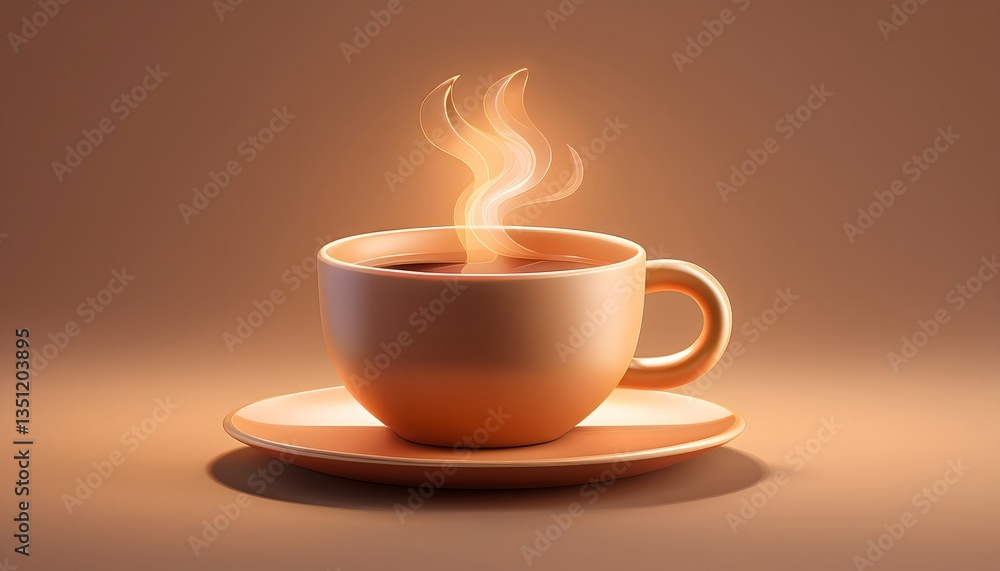 Obraz premium Сlose-up of a Steaming Coffee Cup Illustration, A Cup of Coffee Icon with Steam Rising from the Top, 3D Render Isolated on a Light Brown Pastel Background. Copy Space.