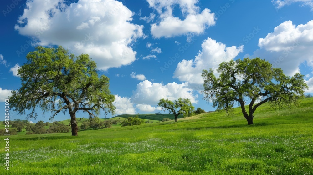 Peaceful Countryside with Lush Green Fields and Oak Trees Peaceful Countryside with Lush Green Fields and Oak Trees