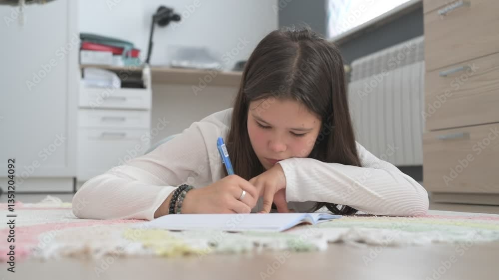 Schoolgirl at home schooling. The girl lies on the floor, does her homework, writes in a notebook with a pen
Schoolgirl at home schooling. The girl lies on the floor, does her homework, writes in a notebook with a pen