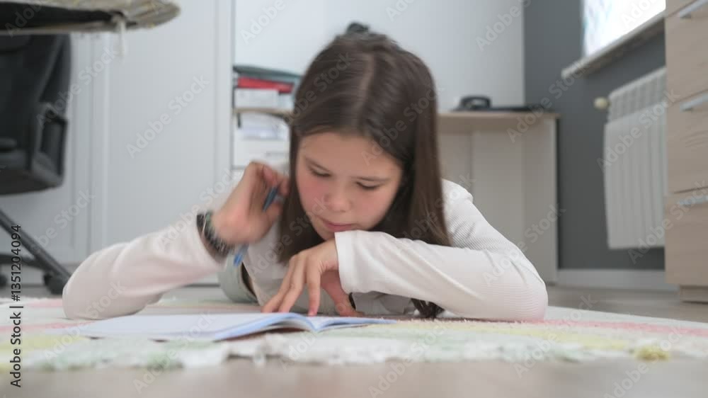 Schoolgirl at home schooling. The girl lies on the floor, does her homework, writes in a notebook with a pen
Schoolgirl at home schooling. The girl lies on the floor, does her homework, writes in a notebook with a pen