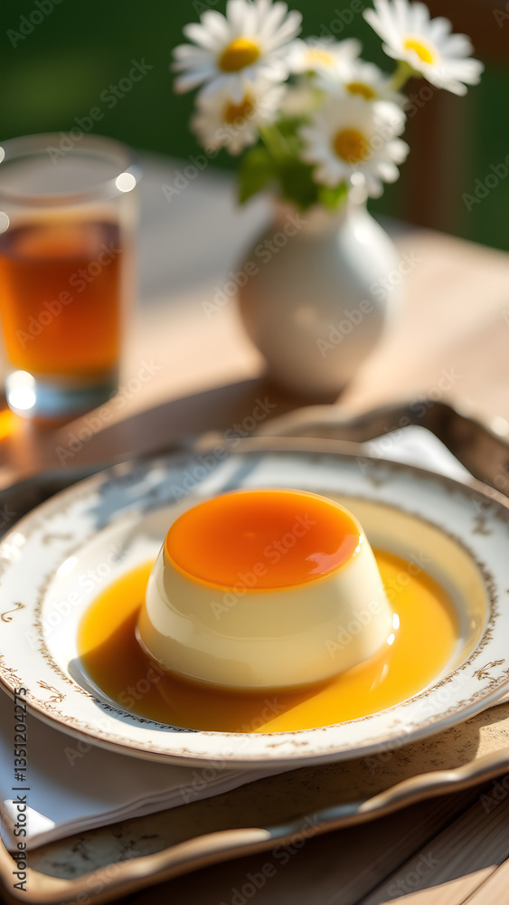 Coconut flan with caramel sauce, served on a decorative tray. A linen napkin, daisies, and iced tea create a sweet and elegant summer dessert setting. The image should be sharp, vibrant, and detailed. Coconut flan with caramel sauce, served on a decorative tray. A linen napkin, daisies, and iced tea create a sweet and elegant summer dessert setting. The image should be sharp, vibrant, and detailed.