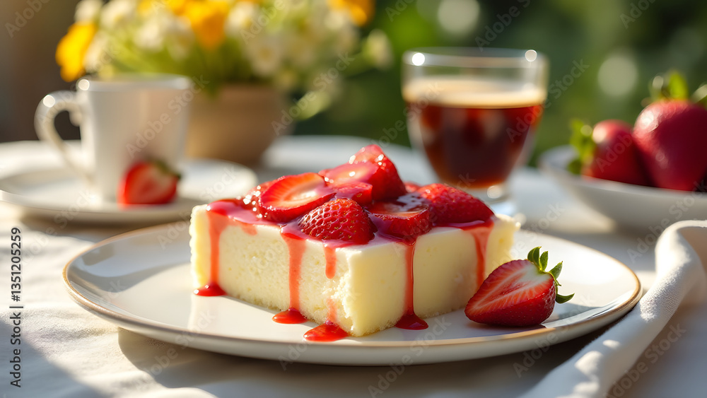 Tres leches cake with strawberries, served on a ceramic plate. A linen tablecloth, wildflowers, and iced coffee create a fresh and elegant summer dessert setting. The image should be sharp, vibrant, a Tres leches cake with strawberries, served on a ceramic plate. A linen tablecloth, wildflowers, and iced coffee create a fresh and elegant summer dessert setting. The image should be sharp, vibrant, a
