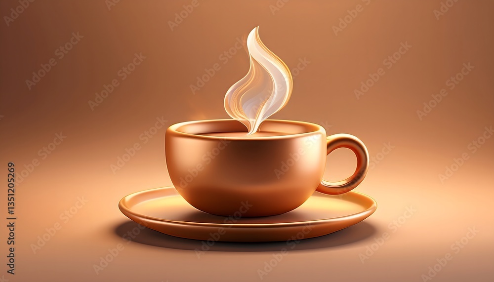 Obraz premium Сlose-up of a Steaming Coffee Cup Illustration, A Cup of Coffee Icon with Steam Rising from the Top, 3D Render Isolated on a Light Brown Pastel Background. Copy Space.