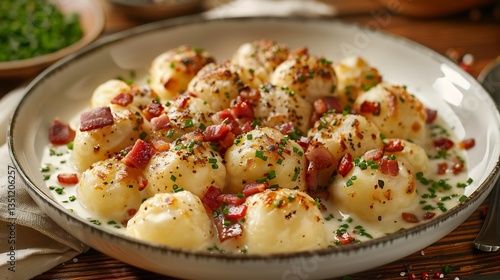 Slovak haluky potato dumplings sheep cheese and bacon creamy texture presented cleanly on white dish