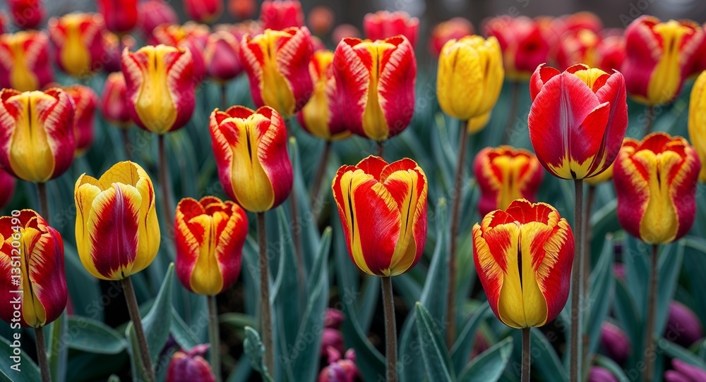 Fototapeta premium Unique parrot tulips with fiery red and yellow streaks in bloom