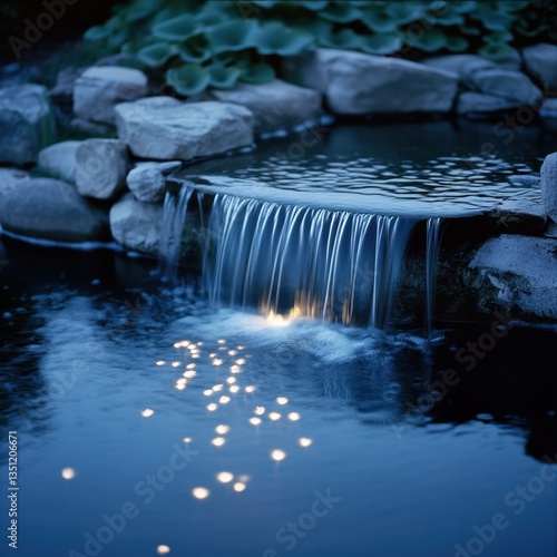 A peaceful garden pond with soft waterfall streams, moonlight shining through glowing leaves, stars twinkling above ar 16:9 v 6.1 q 2
