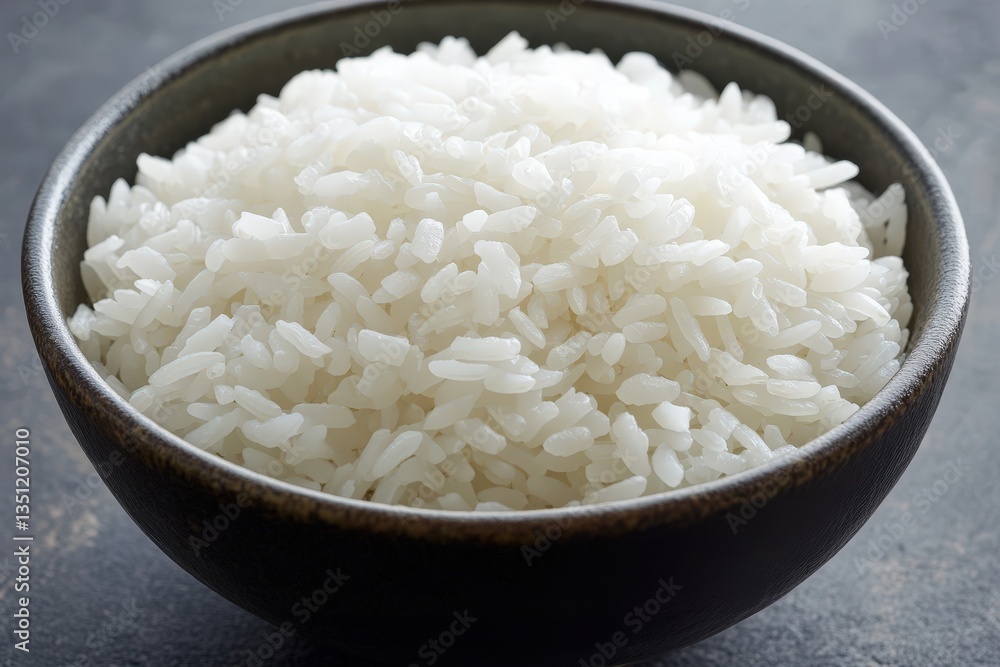 A bowl is filled with fluffy cooked white rice A bowl is filled with fluffy cooked white rice