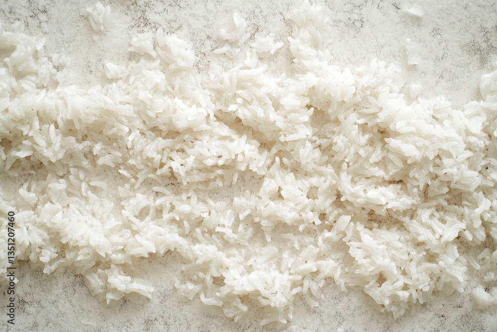A white pile of cooked rice arranged on a surface A white pile of cooked rice arranged on a surface
