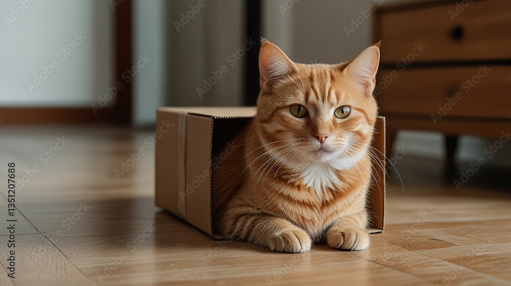Cute tabby cat in cardboard box on floor at home Cute tabby cat in cardboard box on floor at home